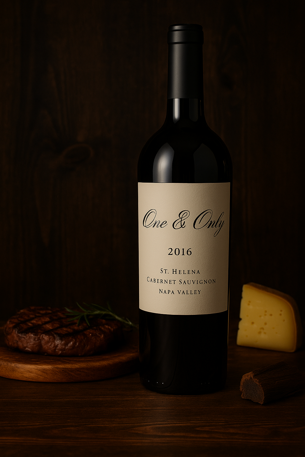 Bottle of One & Only 2016 Cabernet Sauvignon with dark wooden background